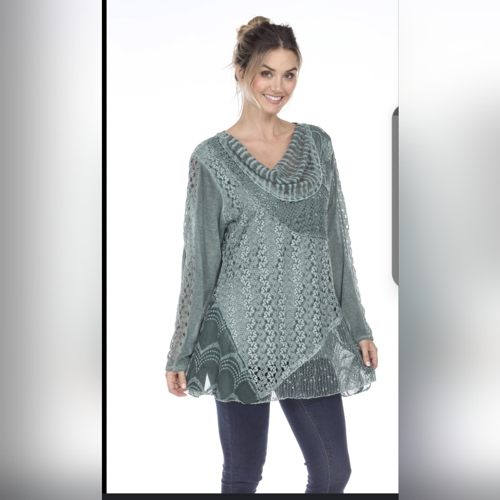 SIMPLY COUTURE Women's Casual Plus Sz M Lace Blouse Long Sleeve Cowl Neck Chiffo
